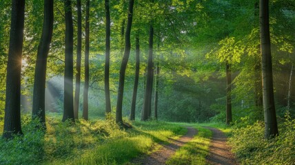 Obraz premium Sunlit forest path dappled with green light trees sunlight