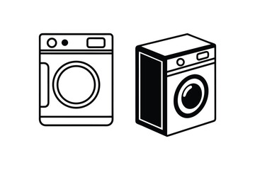 Two washing machine icons in a simple line art and silhouette style showing front view and isometric perspective for laundry and home appliance concepts