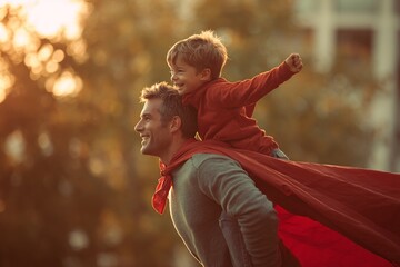 A dad in a red superhero cape lifts his laughing son into the air, capturing a joyful and emotional family moment in warm lighting.

