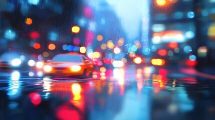 Rainy night city street with neon lights and colorful reflections, bokeh background
