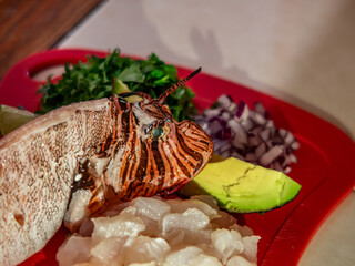 close up Lionfish (pterois volitans) and ingredients for ceviche presentation
