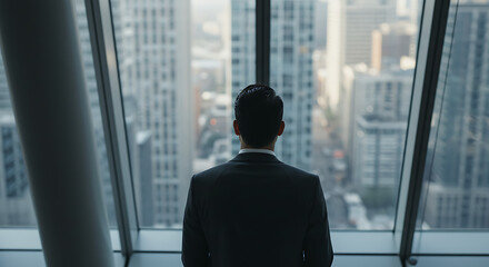 Fototapeta premium Businessman Looking at City Skyline from Office Window