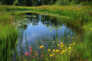 Obraz premium Vibrant wildflowers surround a tranquil pond reflecting trees and blue skies in a serene natural setting