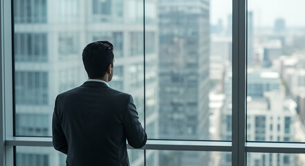 Businessman looking out of a modern office window at a cityscape