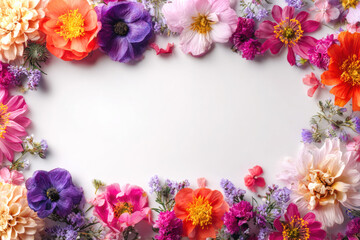 Colorful flowers arranged in a border frame on a white background
