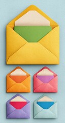 Multiple colorful envelopes, open and displaying paper inserts, on a light blue background