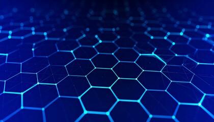 Futuristic hexagonal grid with glowing blue lines representing a digital network