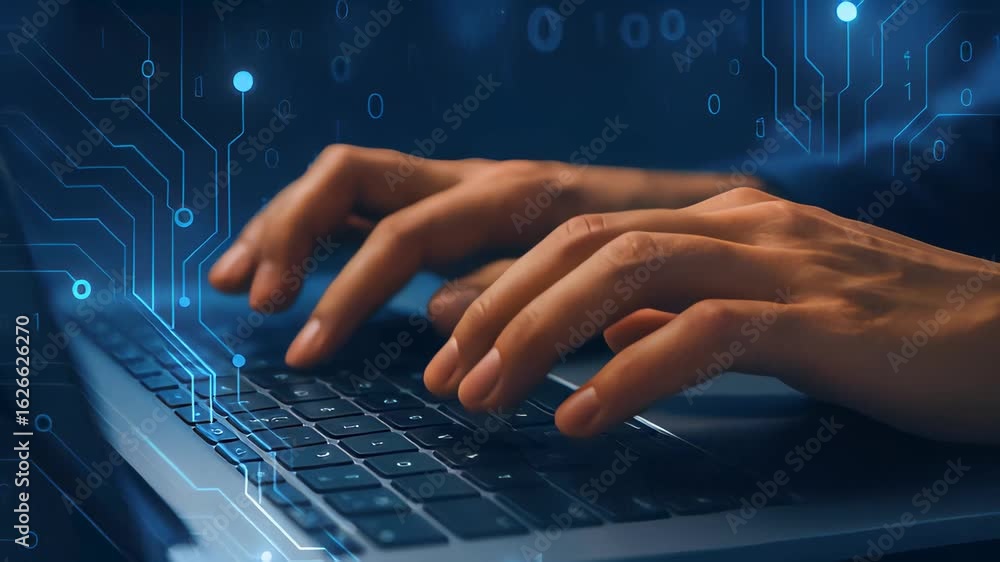 Poster hands typing on a laptop keyboard in a technology-focused environment showcasing creativity and prod
