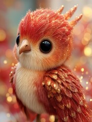 Obraz premium Un adorable polluelo con plumas escarlatas y ojos grandes y expresivos, rodeado de un brillo mágico.