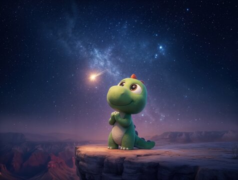 Un adorable dinosaurio verde observa un meteorito cruzando el cielo nocturno.