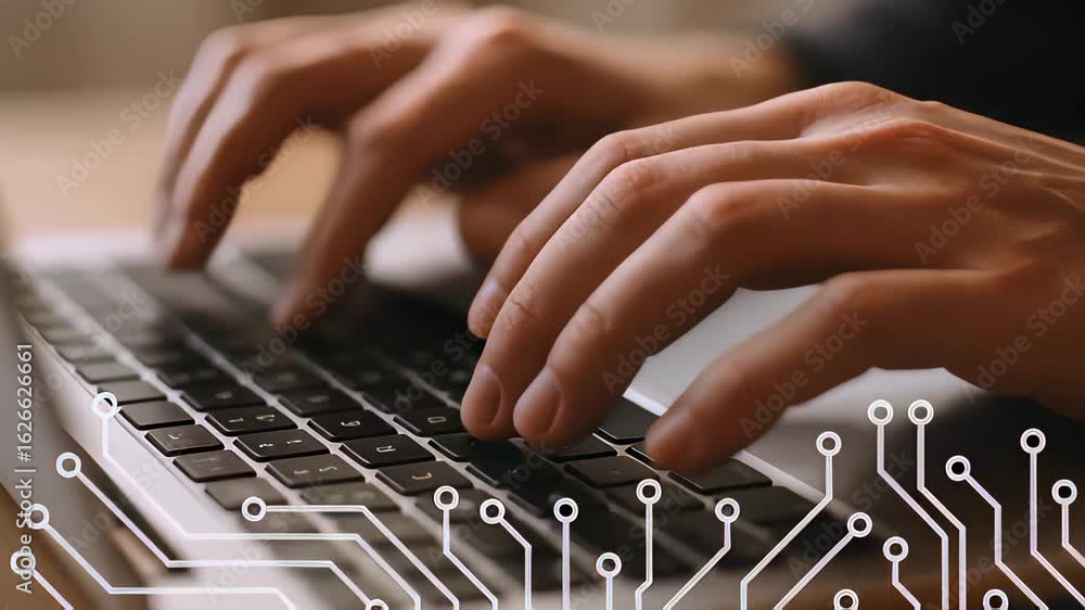 Poster hands typing on a laptop keyboard focus on technology and digital activity in a modern workspace