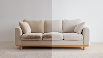 A beige sofa before and after professional dry cleaning with a clean and a stained side. The sofa has wooden legs and a simple design