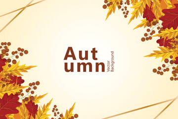Autumn background with border of falling leaves on beige background with place for text. Design template for advertising, web, social media.Vector illustration.