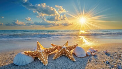 Fototapeta na wymiar Seashore sunset, starfish, shells