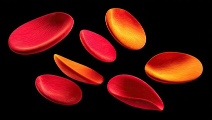 Red blood cells, various shapes, vibrant colors, against black background
