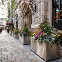 Fototapeta premium City sidewalk lined with large, metal planters filled with vibrant flowers. Exterior of historic building with stone facade
