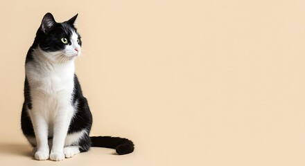 a black and white cat sitting gracefully on the left side of the frame, with a spacious blank area on the right for text or other elements. ,hyper realistic digital art ,isolated on bright background