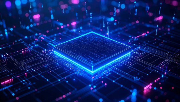 Futuristic central processor unit glowing with blue neon light on a circuit board