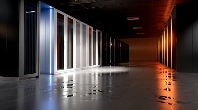 High-tech server room exploration futuristic environment cinematic sci-fi setting dark aesthetic digital infrastructure - Powered by Adobe