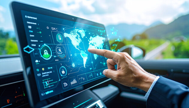 Touchscreen Technology: The interior of a modern vehicle with a digital interface, a hand interacting with a touchscreen displaying a world map, epitomizing modern technology and connectivity.