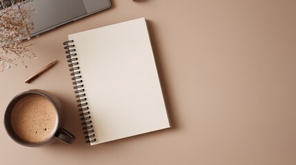 Beige background with a blank notebook, keyboard, and office accessories on a table in a minimalistic style. Mockup for design. 