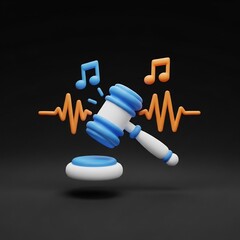 3D illustration of a judge's gavel with music notes and sound waves. Concept for music law, copyright, intellectual property, song licensing, and royalty regulations.