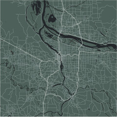 Map of Portland in Oregon in a smooth dark style. Contains layered vector with roads water, parks, etc.