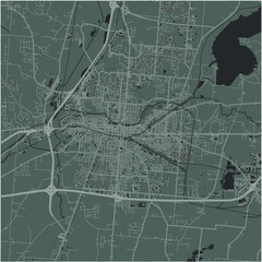 Map of Springfield in Ohio in a smooth dark style. Contains layered vector with roads water, parks, etc.
