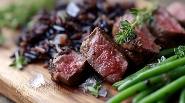Grilled steak with oregano garlic seasoning culinary delight gourmet kitchen rustic setting close-up flavor exploration