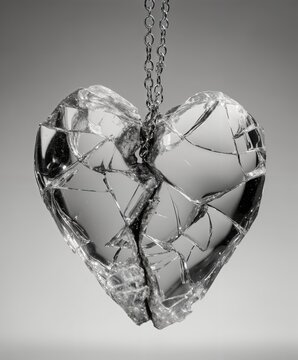 Una imagen de un coraz&oacute;n de cristal roto suspendido de una cadena, simbolizando la p&eacute;rdida y el desamor.