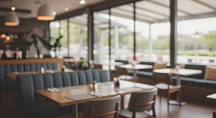 Mesas con sillas grises desenfocadas en el extranjero