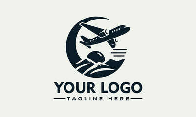 A stylized logo featuring an airplane soaring above stylized mountains and a crescent moon, designed for a travel or aviation company. © nuaari