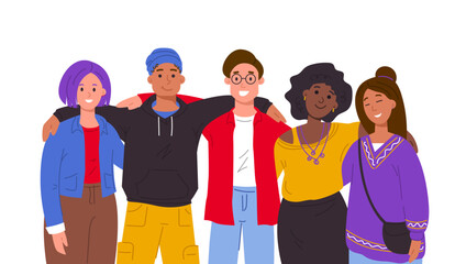Group of diverse young people standing hugging. Friendship concept. Vector illustration.