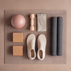A flat lay arrangement of fitness equipment on a textured mat. Items include a yoga ball, dumbbells, blocks, towels, and yoga mats in neutral colors.