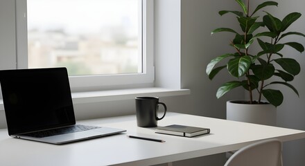 Foto cómoda sala de oficina con computadora portátil y suministros de oficina en mesa de madera blanca