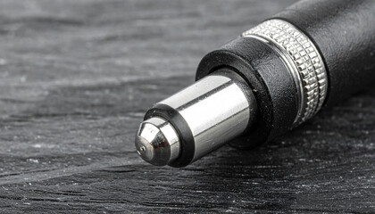 Electrical Connector Close-Up: A macro shot highlights the intricate details of a power supply connector. The sleek metal tip glistens against a textured surface, emphasizing precision engineering.
