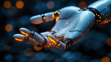 Close-up robotic hand, glowing details