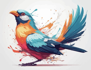 Obraz premium This is a dynamic and colorful watercolor style illustration of a bird, possibly a kingfisher or a similar small bird. The bird is captured in a mid-movement pose, as if landing or taking o (23)