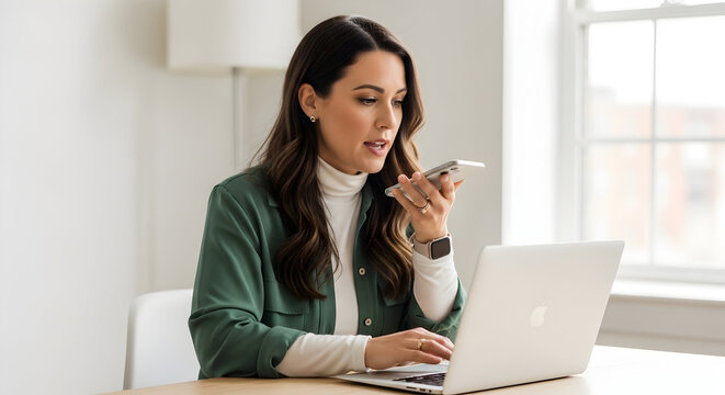 Confident businesswoman using voice recorder on laptop modern office professional communication technology digital workspace entrepreneur