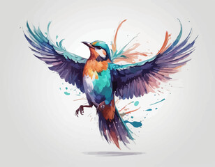 This is a dynamic and colorful watercolor style illustration of a bird, possibly a kingfisher or a similar small bird. The bird is captured in a mid-movement pose, as if landing or taking o (23) © Majid
