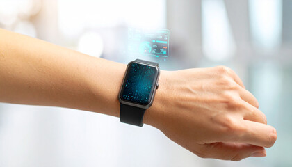 Fototapeta premium Modern Wristwatch with data on display: A close-up shot of a wrist adorned with a sleek modern smartwatch.