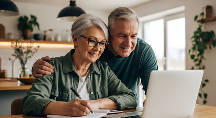 Happy senior couple using laptop computer planning retirement together at home