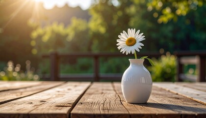 Daisy in a Vase on Wooden Deck in Golden Hour Sunlight
