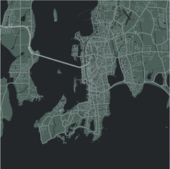 Map of New Port in Rhode Island in a smooth dark style. Contains layered vector with roads water, parks, etc.