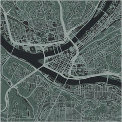 Map of Pittsburgh Center in Pennsylvania in a smooth dark style. Contains layered vector with roads water, parks, etc.