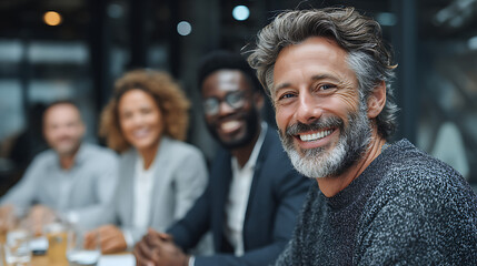 A group of diverse business professionals engaged in a roundtable discussion