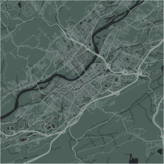 Map of Wilkes-Barre in Pennsylvania in a smooth dark style. Contains layered vector with roads water, parks, etc.