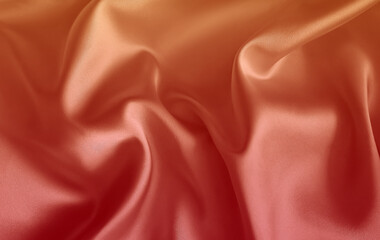 Brigt pastel pale peach coral strawberry milkshake hit pink rose light mango orange smooth gradient. Soft gentle silk satin. Crumpled fabric with wavy folds. Cloth background. Backdrop. Juicy design. 