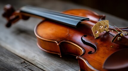 Fototapeta premium Aged violin closeup rustic workshop fine art photography warm environment detailed viewpoint musical heritage