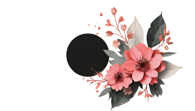 Floral bouquet with a dark circle.  Delicate, pale pink and cream blossoms,  with gray-green leaves,  cluster around a large, solid black circle